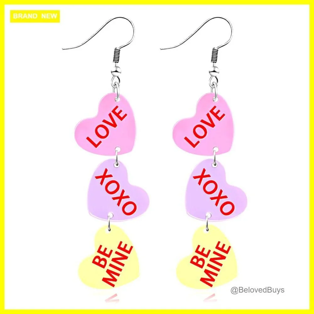 Acrylic Heart Dangle Earrings with Love Phrases Lever Back